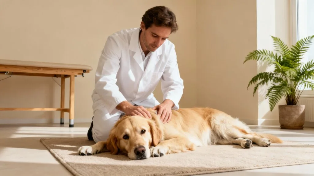 Ostéopathe animalier mobilisant un chien sur tapis