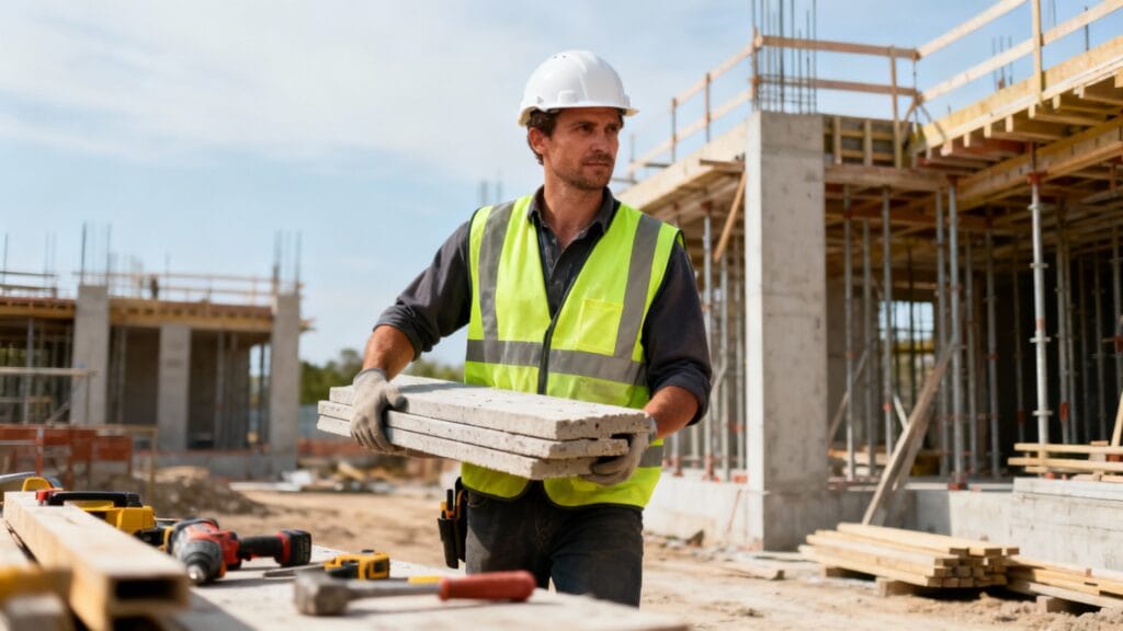 Ouvrier d’exécution portant des matériaux sur chantier