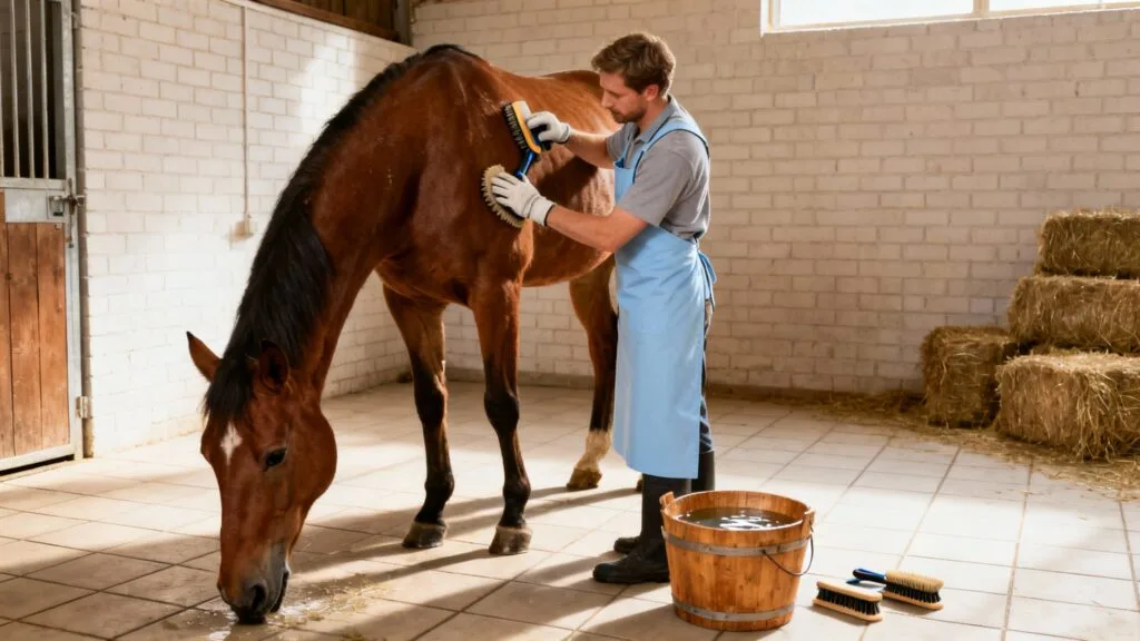 Palefrenier-soigneur brossant un cheval en écurie