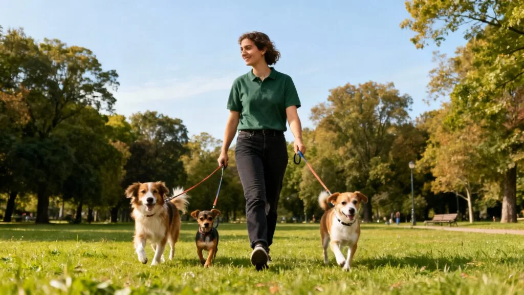 Pet-sitter promenant plusieurs chiens dans un parc