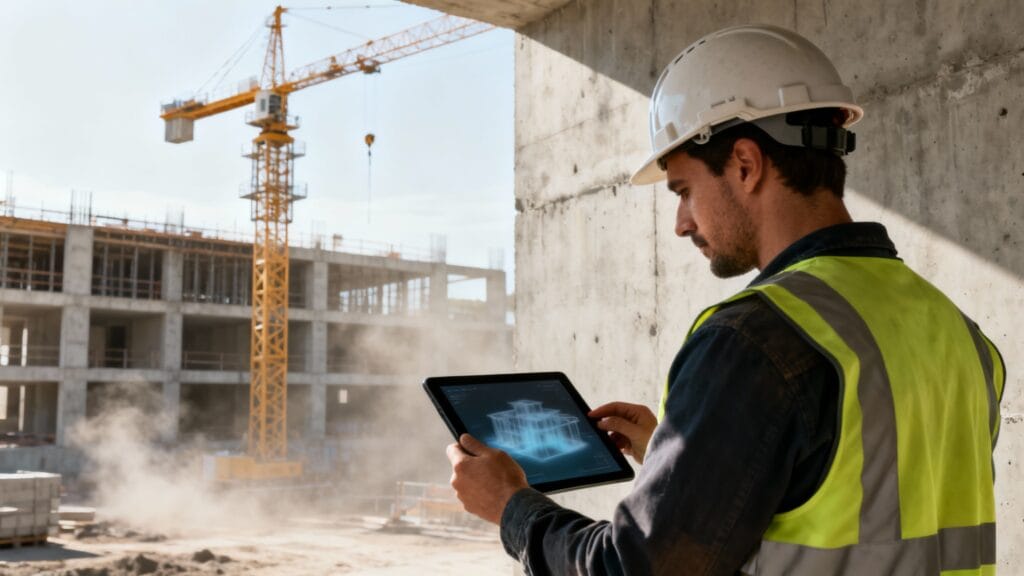 Conducteur de travaux consultant une maquette BIM sur tablette
