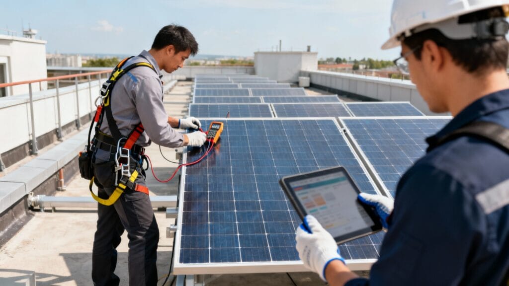 Technicien ENR vérifiant panneaux solaires et installations CVC