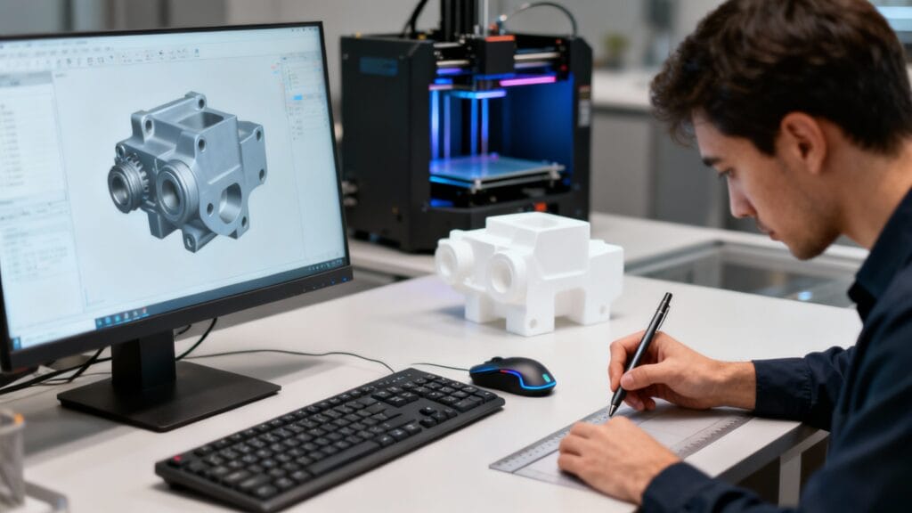 Dessinateur‑projeteur utilisant un logiciel CAO avec prototypes