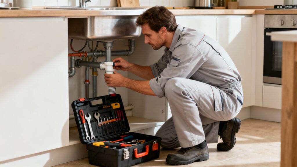Plombier chauffagiste réglant une installation sanitaire