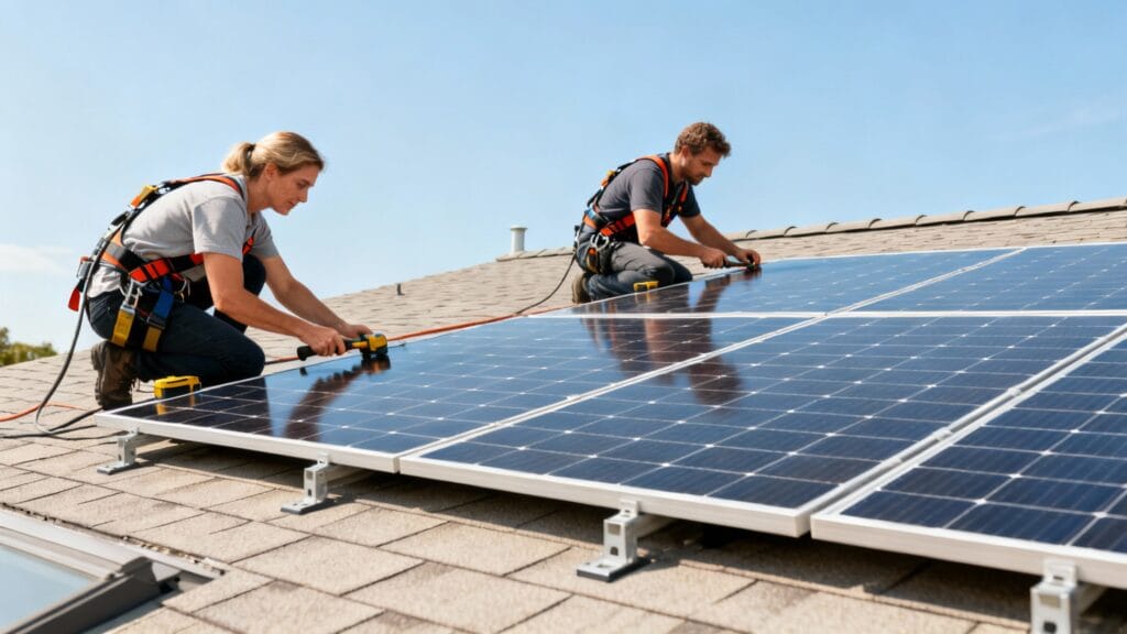 Pose de panneaux solaires, chantier en énergies renouvelables