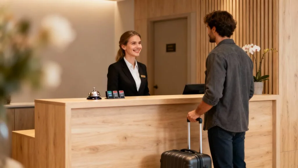 Réceptionniste d’hôtel accueillant un voyageur à l’arrivée