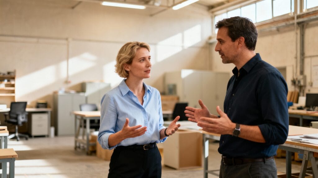 Responsable RH accompagnant un manager sur le terrain au quotidien