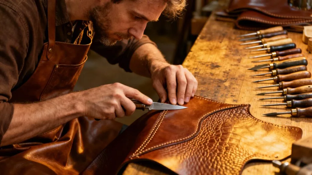 Sellier-harnacheur travaillant le cuir en atelier