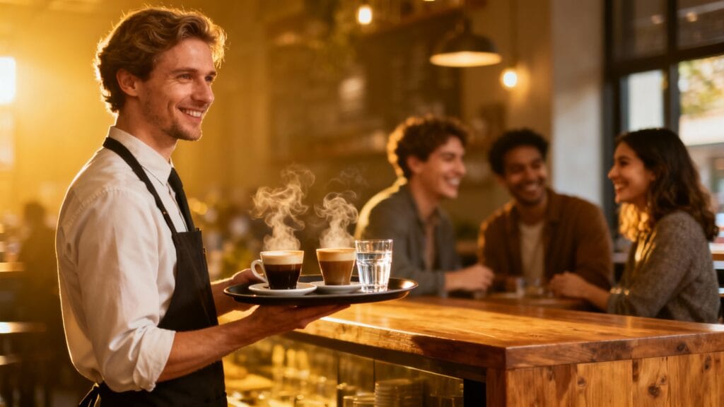 Serveur portant un plateau dans un café animé