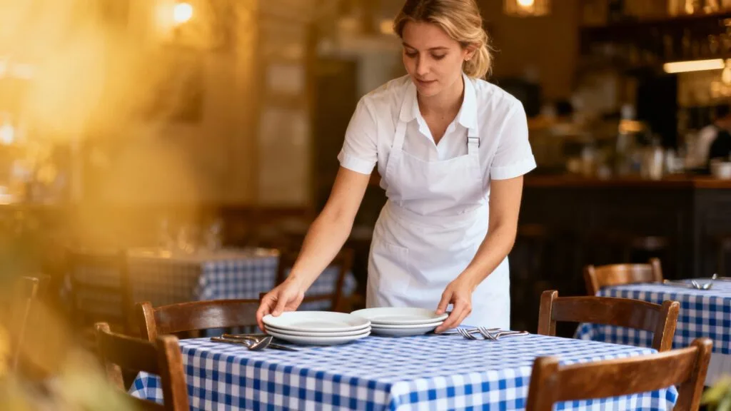 Serveuse en salle, service client et encaissement