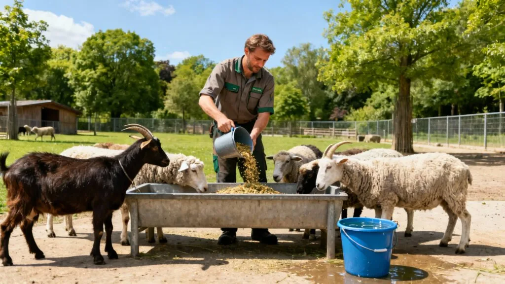 Soigneur animalier nourrissant des animaux en enclos