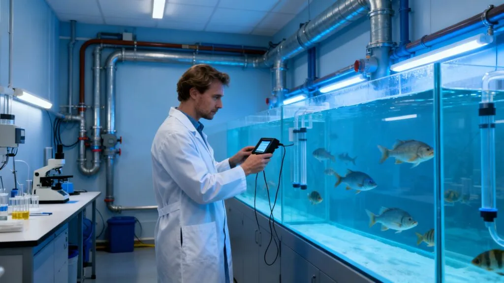 Aquariologiste contrôlant un bassin et ses paramètres