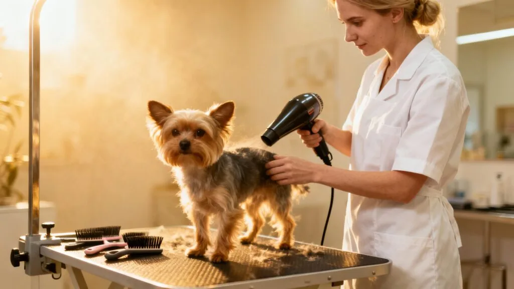 Toiletteur canin en séance de séchage et brossage