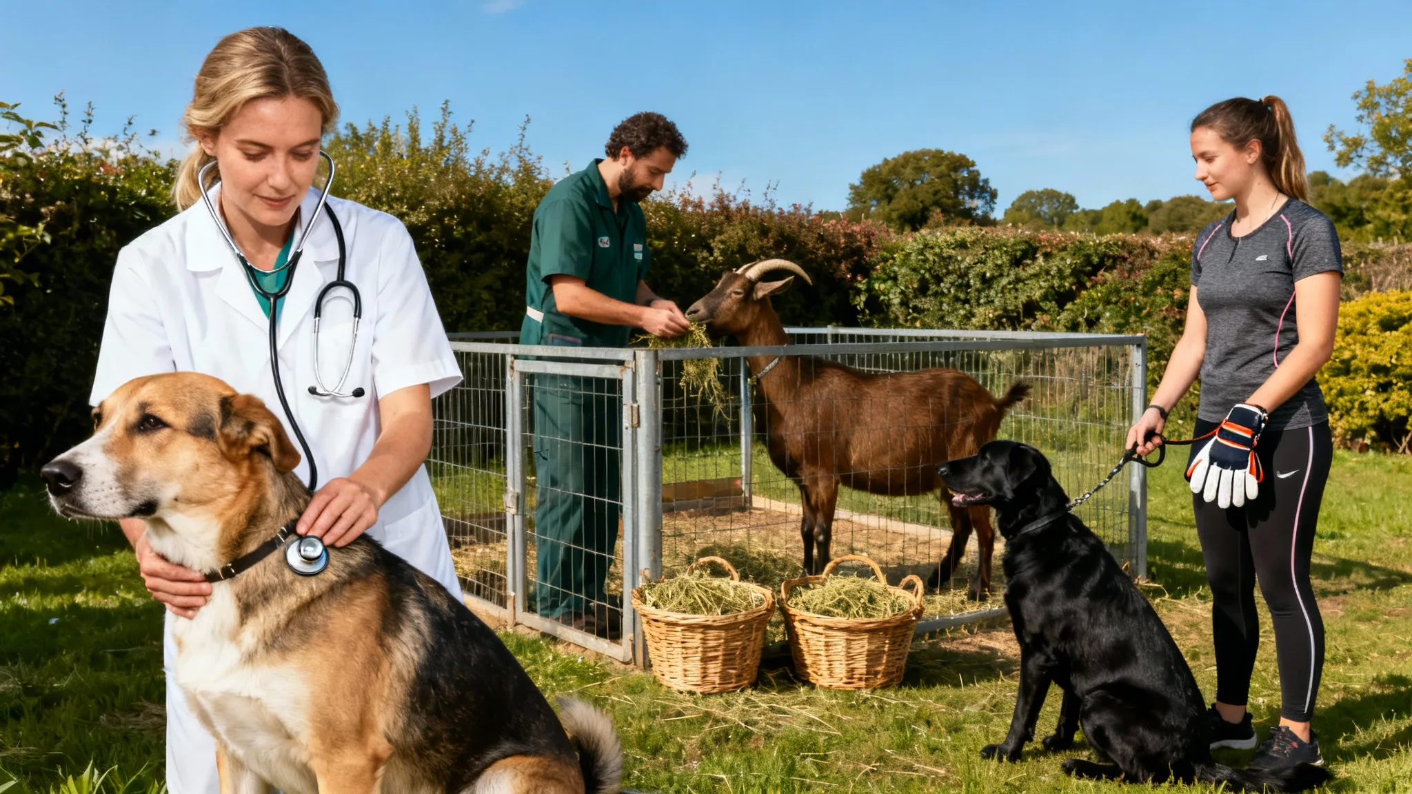 Professionnels illustrant un métier avec des animaux, soin et éducation