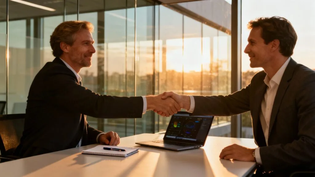 Réunion commerciale B2B avec négociation et CRM