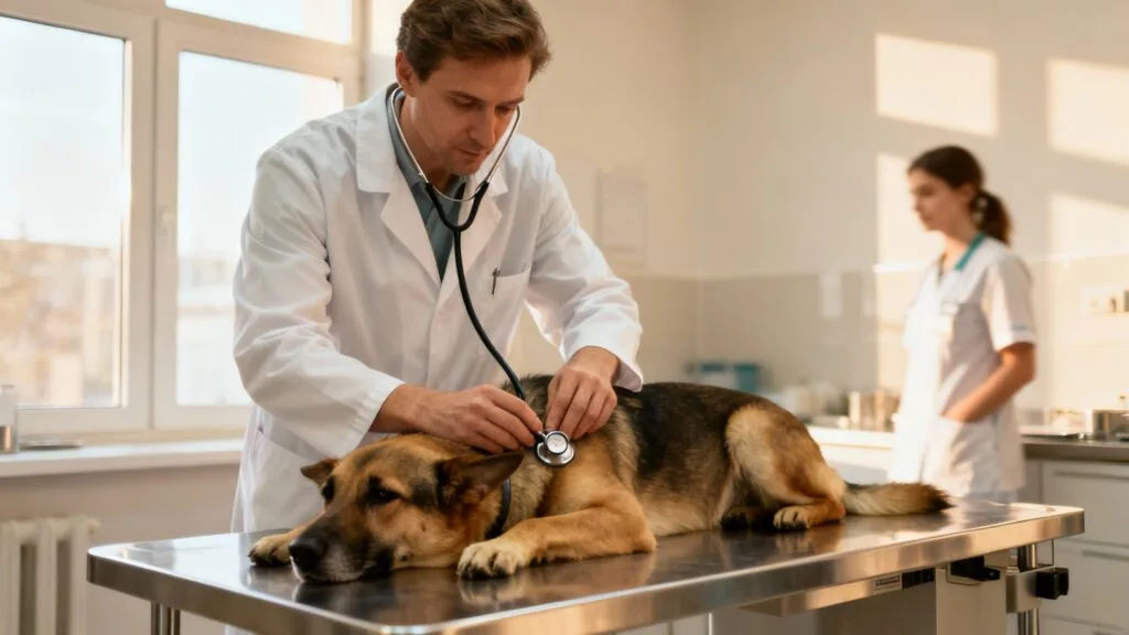 Vétérinaire auscultant un chien en clinique vétérinaire