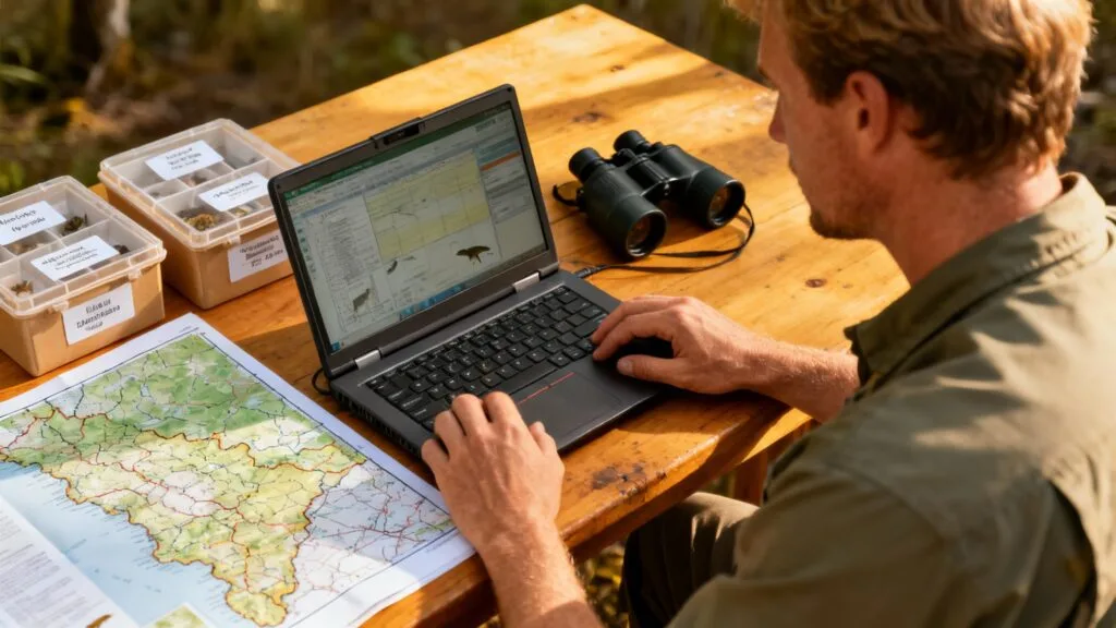 Zoologiste analysant des données d’inventaire de faune