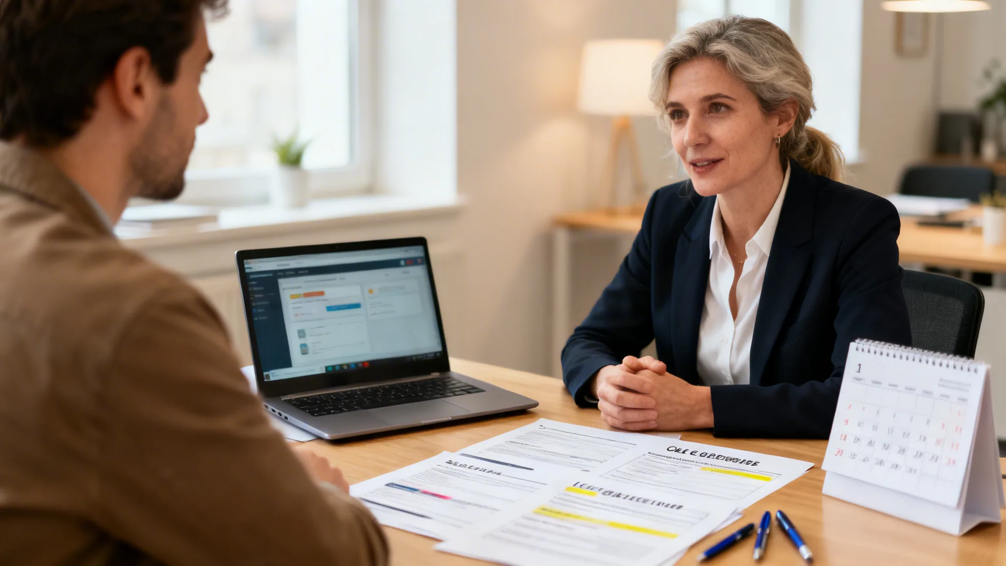 Conseiller et candidate discutant d’un bilan de compétences France Travail