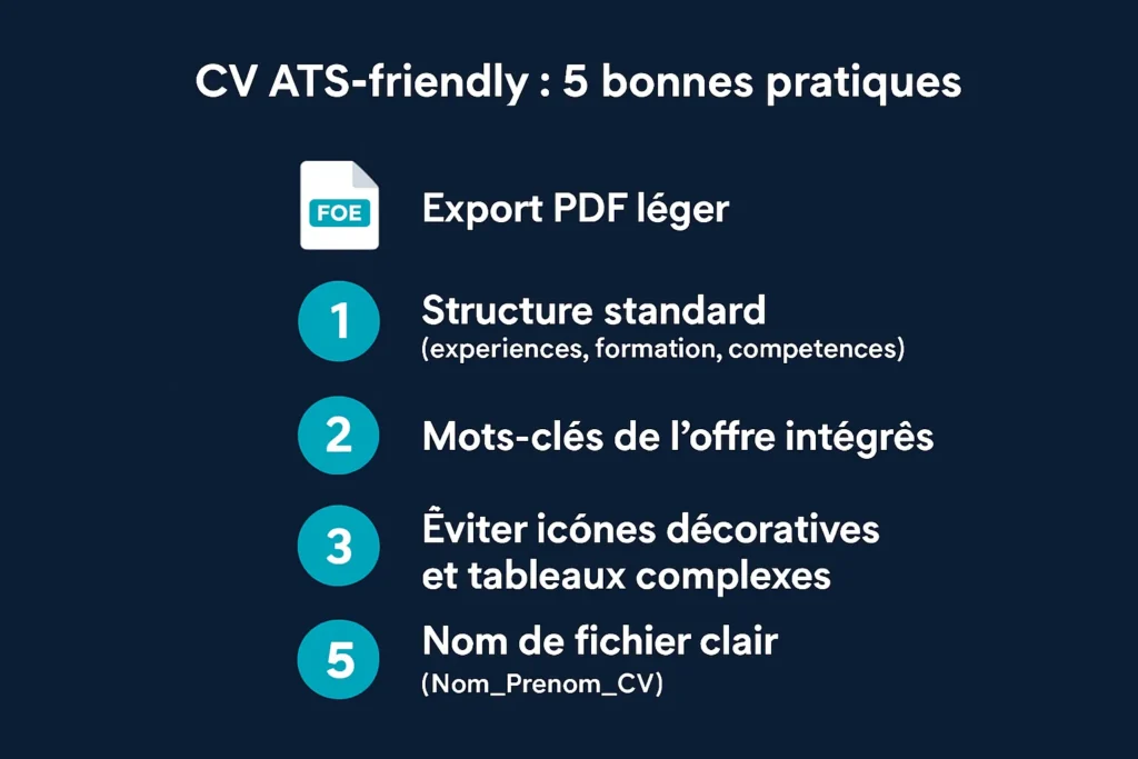 Checklist compatibilité ATS avec export PDF léger et mots‑clés adaptés