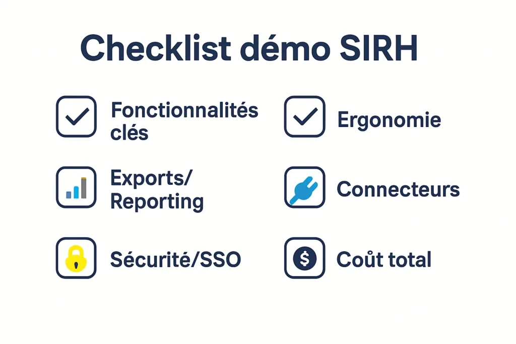 Checklist démo SIRH : fonctionnalités, ergonomie, exports, intégrations, sécurité, coûts