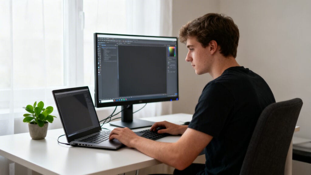 Développeur no‑code créant une page, formation courte