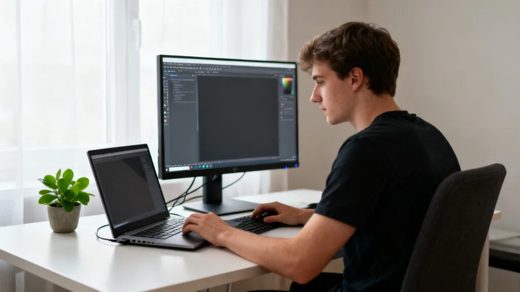 Développeur no‑code créant une page, formation courte