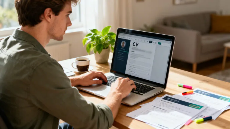 Candidate créant un CV moderne avec Enhancv sur laptop
