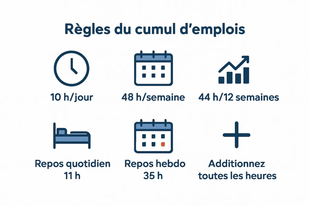 Récapitulatif des limites légales : 10 h, 48 h, 44 h, repos 11 h et 35 h