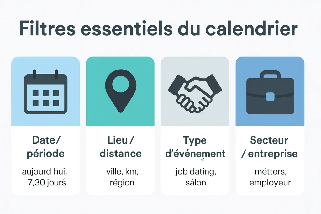 Infographie des filtres par date, lieu, type et secteur