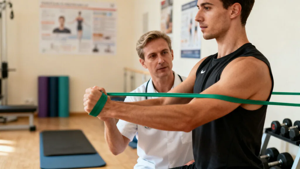 Kiné du sport encadrant un athlète en rééducation