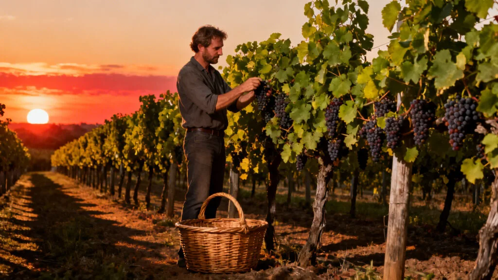 Vigneron récoltant des grappes dans un vignoble