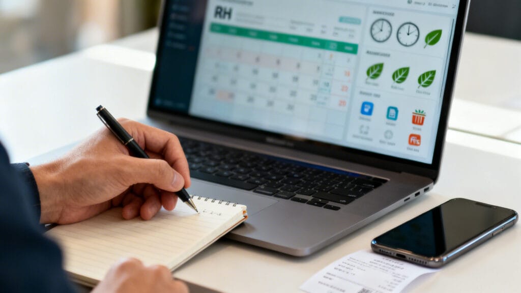 Tableau de bord RH avec congés, temps et notes de frais