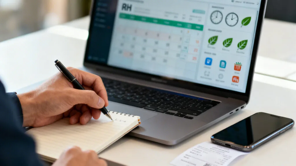 Tableau de bord RH avec congés, temps et notes de frais