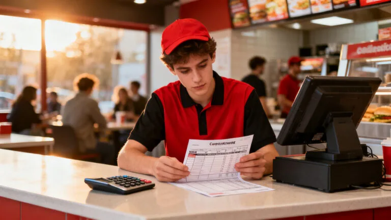 Équipier calcule le salaire d’employé McDo au comptoir