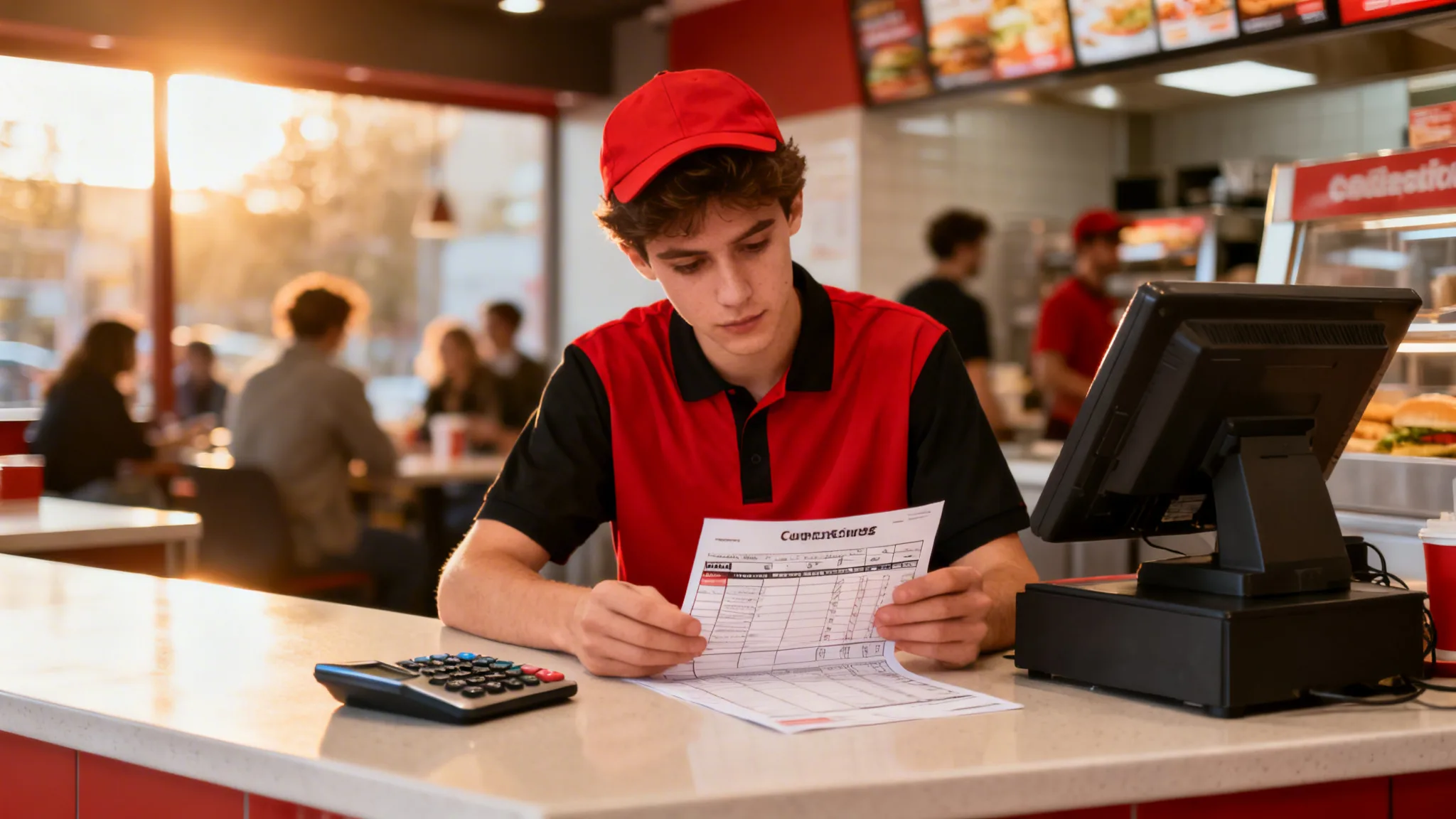 Équipier calcule le salaire d’employé McDo au comptoir