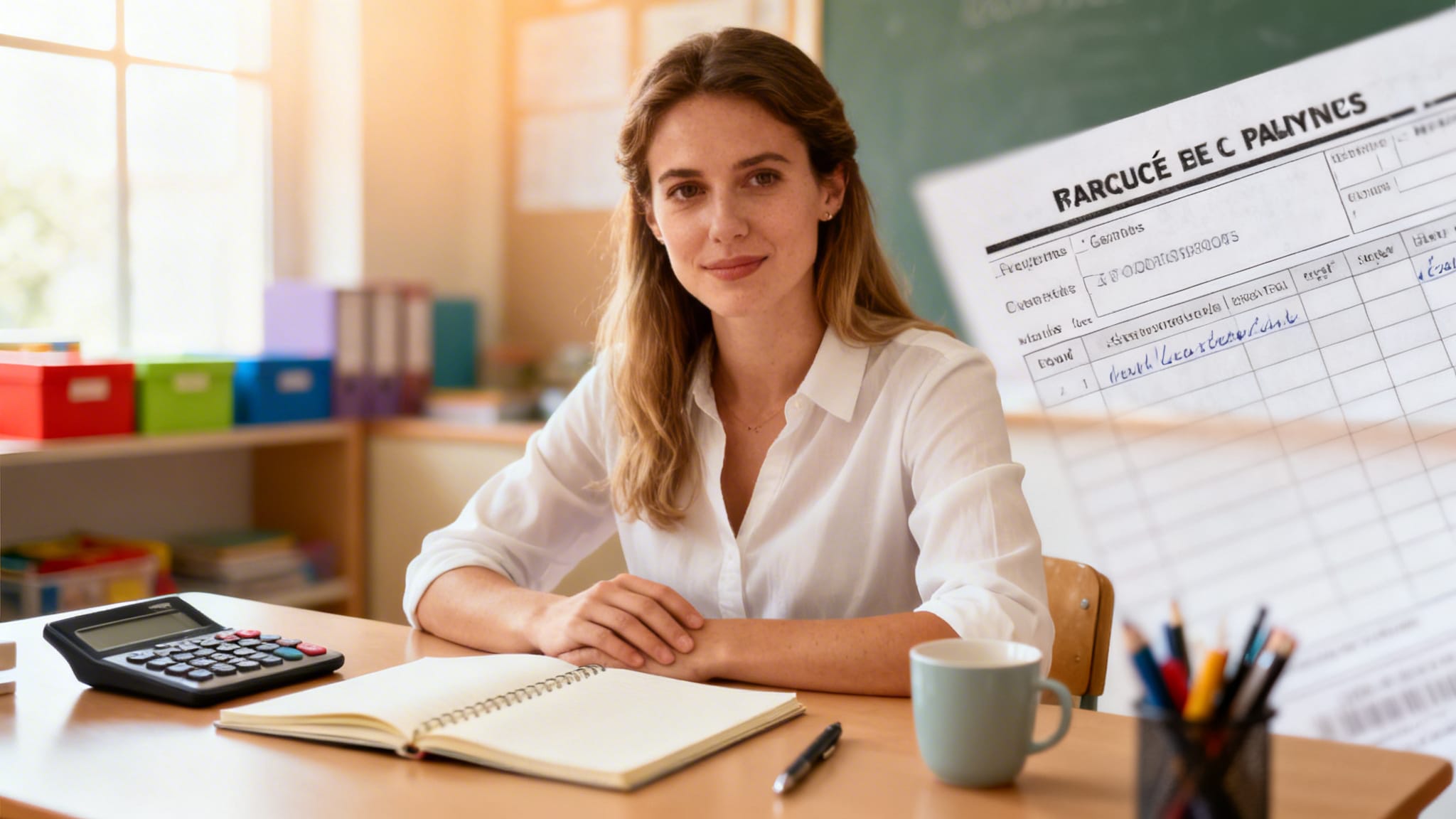 Professeur des écoles calculant son salaire net