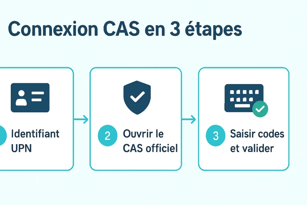 Schéma des 3 étapes de connexion CAS sécurisée