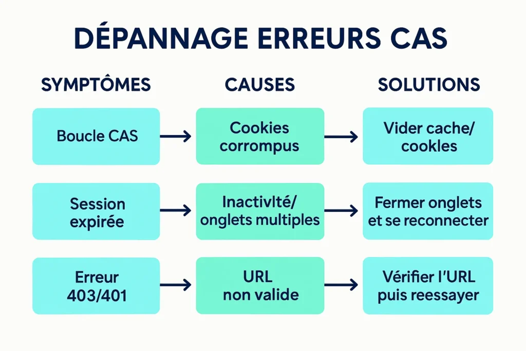 Schéma de dépannage des erreurs CAS et redirections