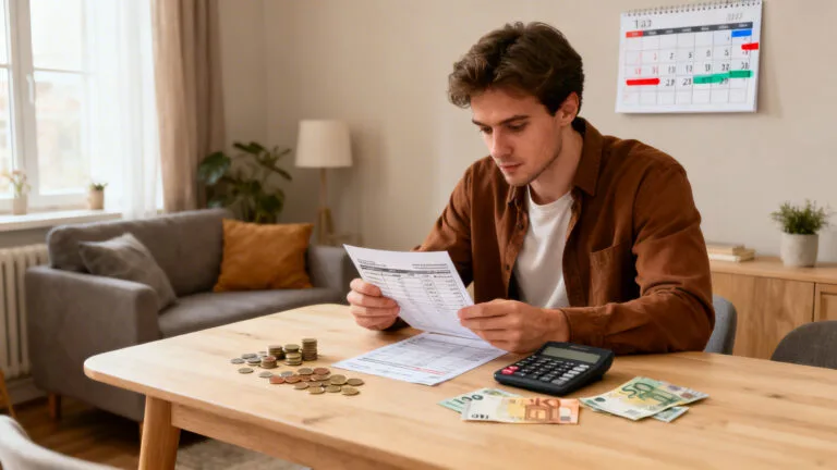 Jeune salarié calculant le SMIC au Portugal à domicile