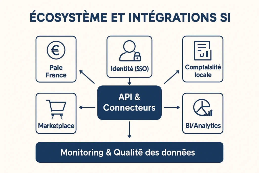 Carte des intégrations API, Marketplace, paie France, BI