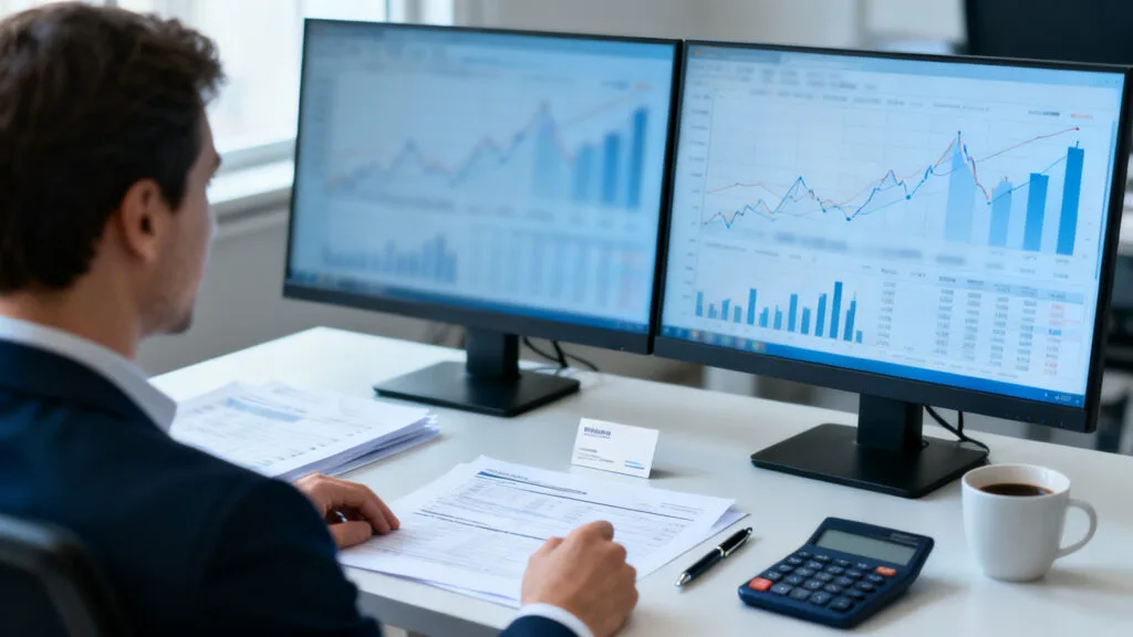 Analystes finance révisant grand livre et dépenses