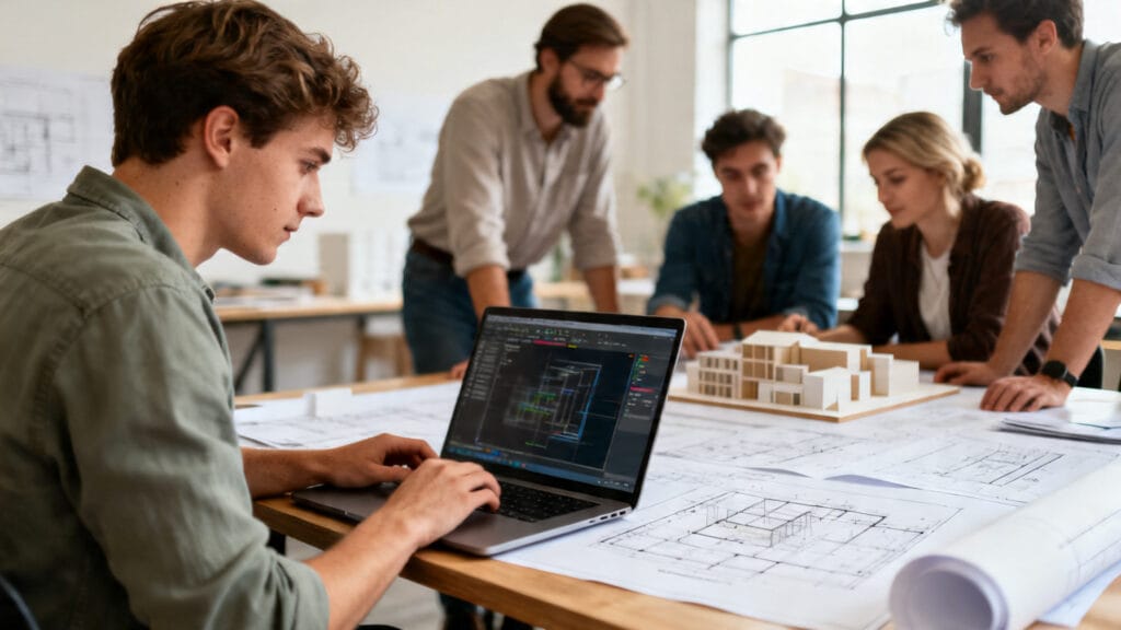 Architecte junior en BIM discutant de projets en équipe
