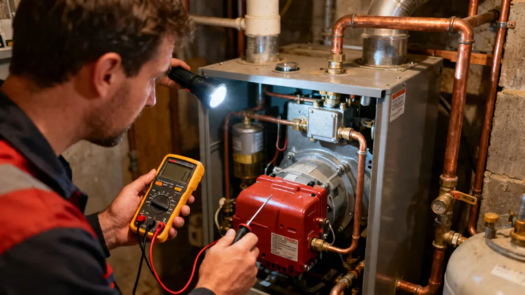 Chauffagiste inspectant une chaudière au fioul domestique