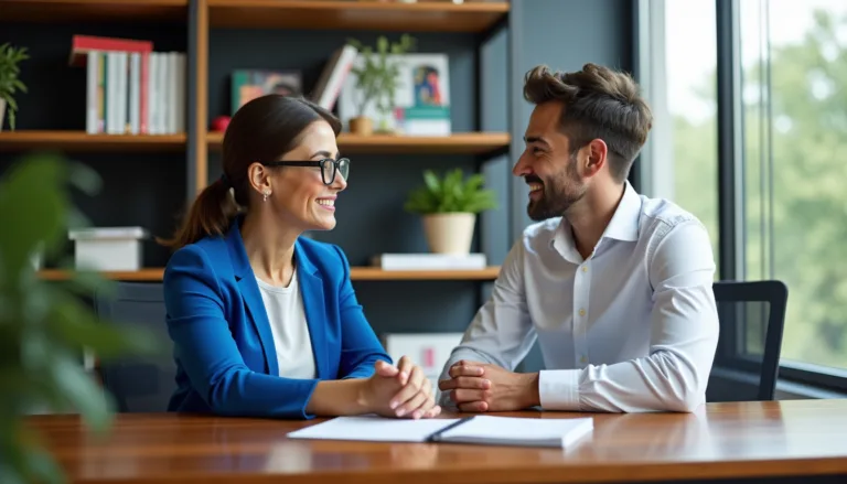 Consultante et client souriants lors d'un entretien bilan de compétences en bureau