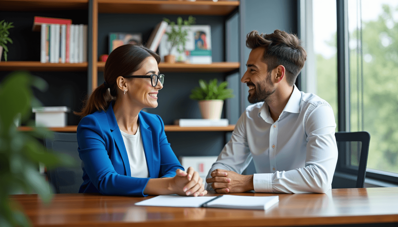 Consultante et client souriants lors d'un entretien bilan de compétences en bureau