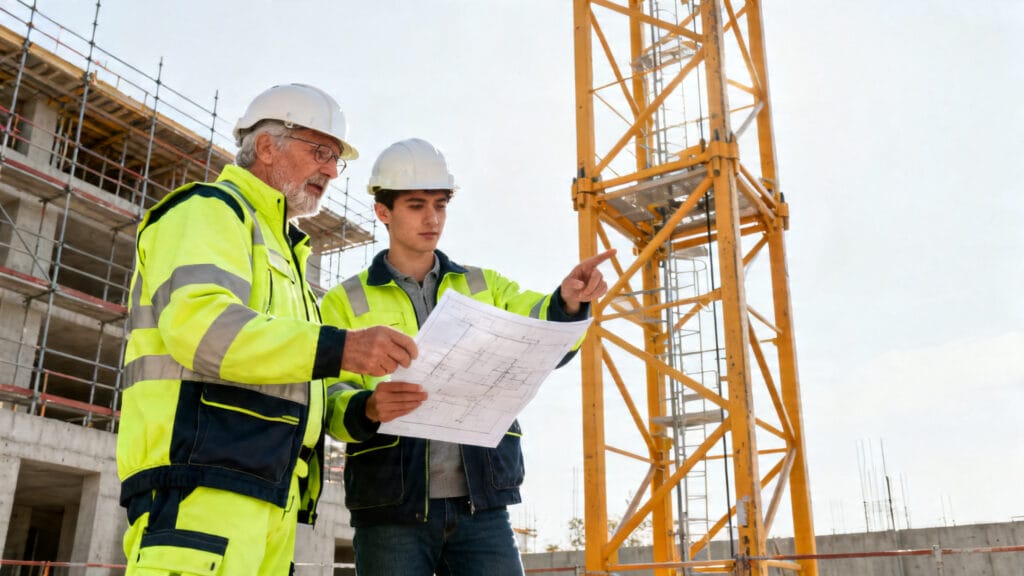 Grutier senior formant un junior près d'une grue