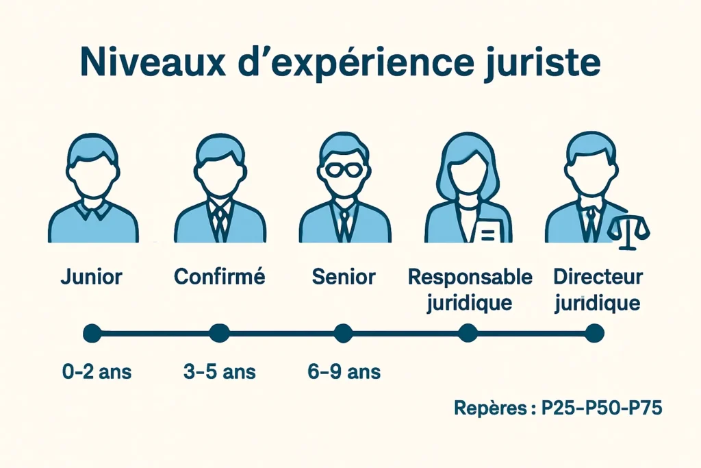 Frise des niveaux junior confirmé senior responsable directeur avec repères salariaux