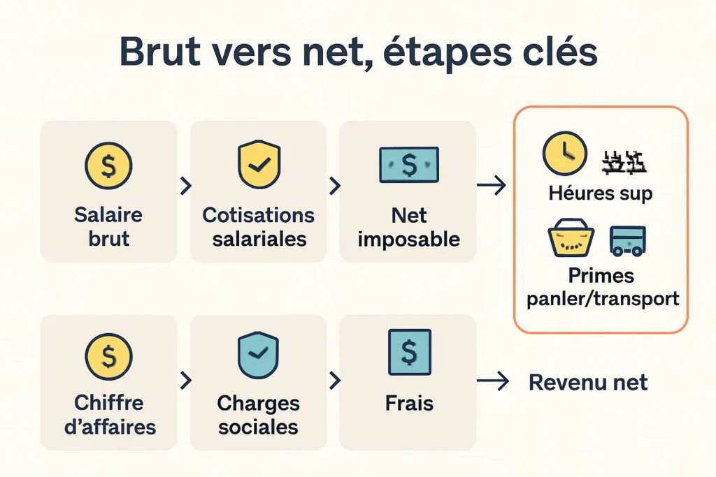 Schéma simple de conversion brut en net pour salarié et indépendant