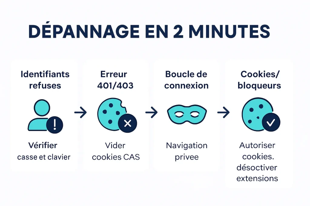 Infographie dépannage CAS : identifiants refusés, erreurs 401-403, cookies, boucle