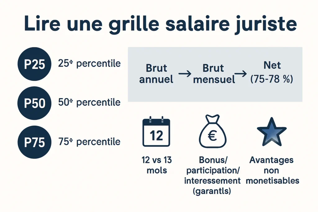 Schéma lecture P25 P50 P75 et conversion brut net juriste